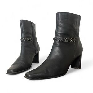Markon Torquay Black Leather Silver Chain Square Toe Moto Ankle Boots Size 8.5